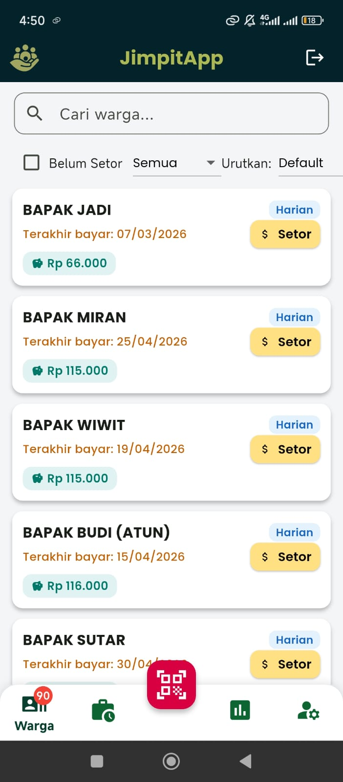 Aplikasi mobile JimpitApp untuk pencatatan setoran warga