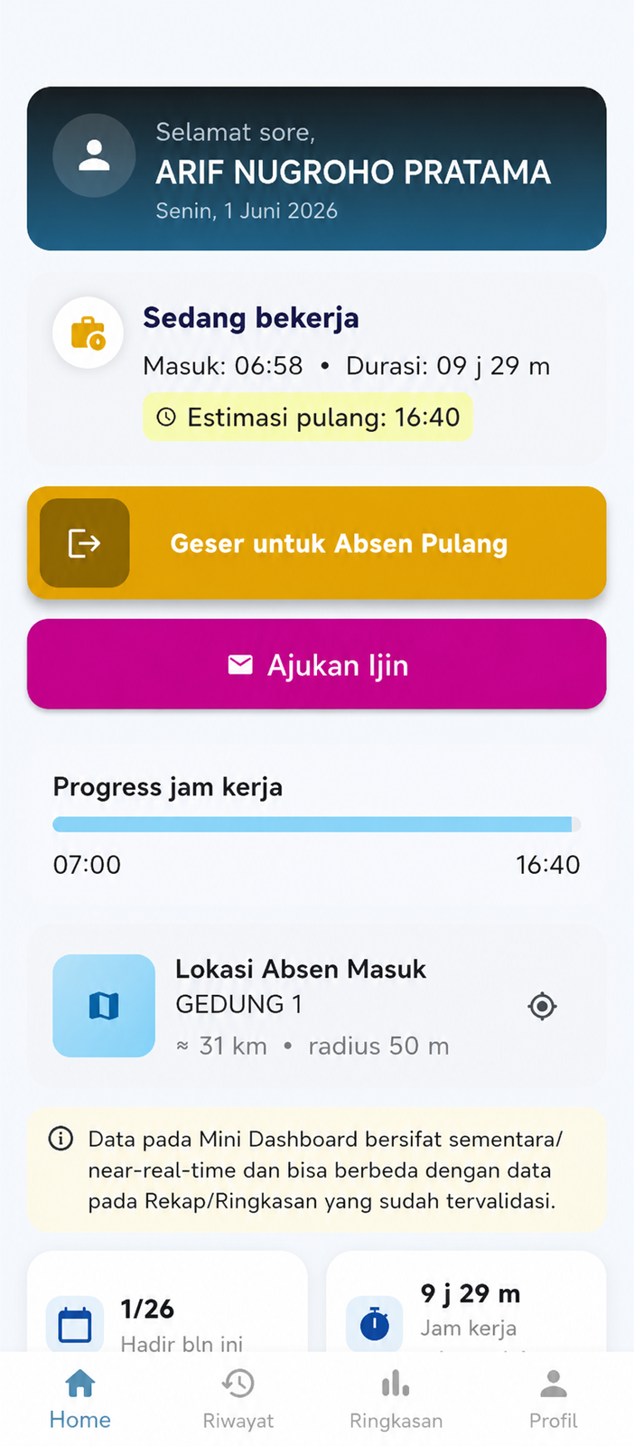 Dashboard aplikasi mobile Kartek Presensi