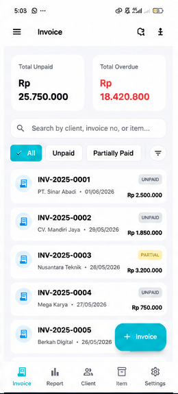 Aplikasi TotalIn Invoice Maker dengan data demonstrasi